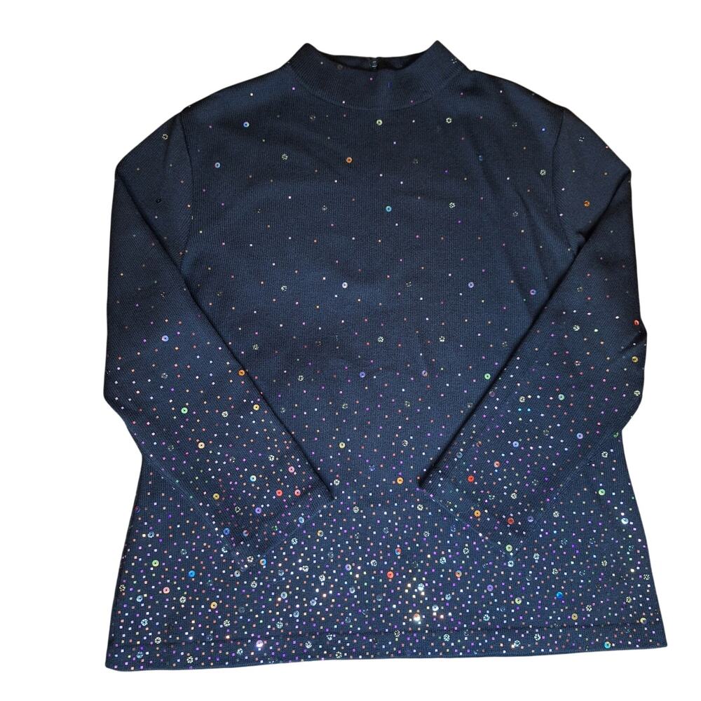 RARE ST JOHN Millennium Rainbow Sequin Mock Neck Top Black Wool Knit NWOT - XL